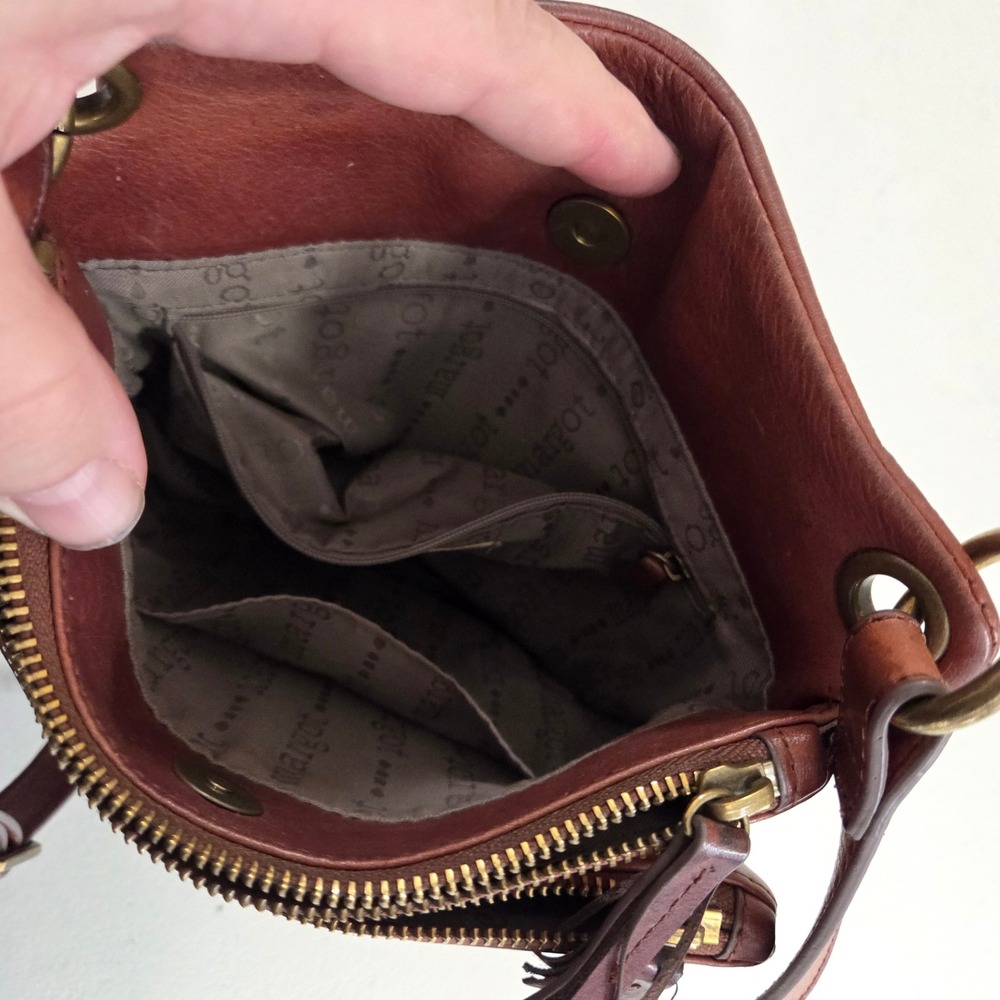 Margot New York Cognac Brown Genuine Leather Triple Zip Crossbody Bag Distressed - Picture 5 of 11